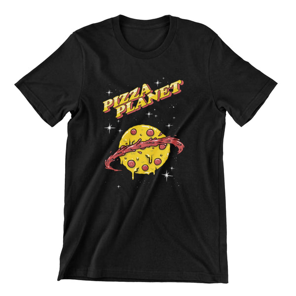 Black short sleeve t-shirt with a pizza that looks like Saturn and the words Pizza Planet above it.