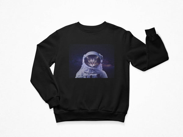 Black sweatshirt that shows a cat wearing an astronaut suit in space with the galaxy behind it.