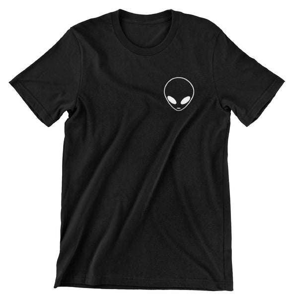 Black short sleeve shirt with an alien head printed in white on the left crest. 