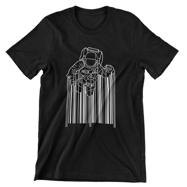 Black short sleeve shirt with an astronaut floating on top of a barcode printed in white ink. 