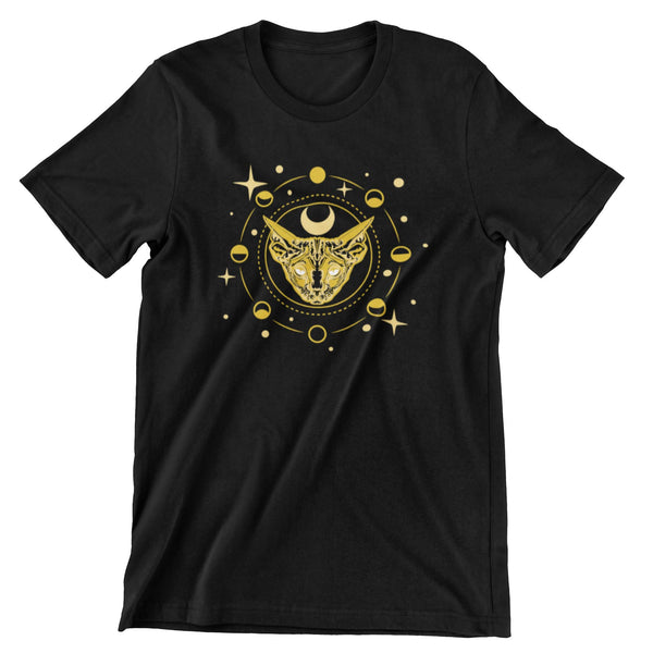 Black short sleeve tshirt that shows a cat with the moon phases around it.