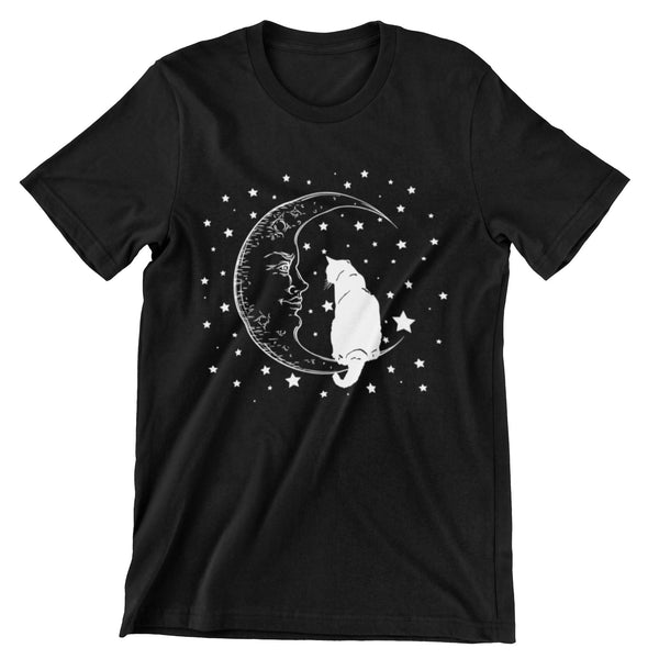 Black short sleeve t-shirt that has a cat sitting on a moon with stars as the background.