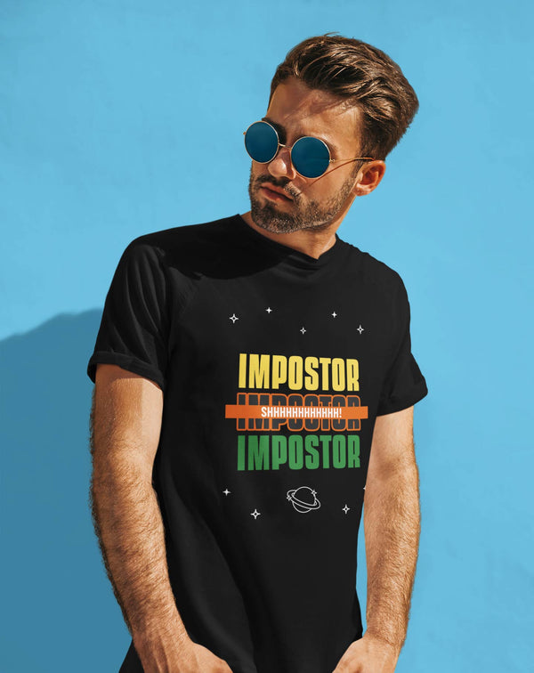 Guy wearing black Short sleeve tshirt inspired by the game among us that says imposter, imposter, imposter.