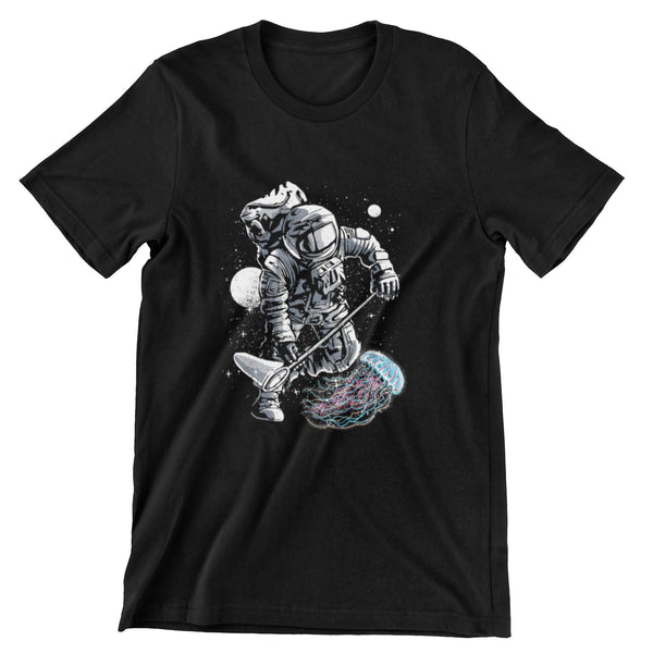 Black short sleeve t-shirt with an astronaut fishing for a jelly fish is space with a net.
