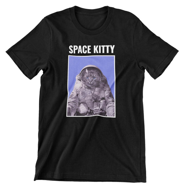 Black short sleeve t-shirt with the words space kitty above an image of a cat wearing a space suit.