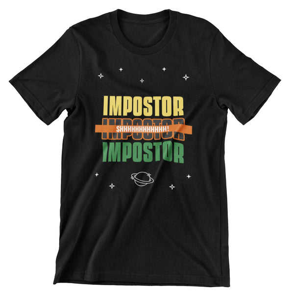 Black Short sleeve tshirt inspired by the game among us that says imposter, imposter, imposter. 