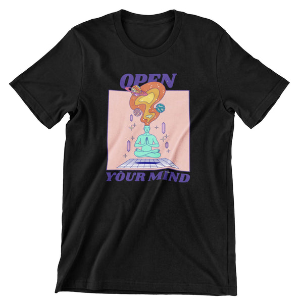 Black short sleeve t-shirt that says open your mind with an image of a person that shows planets and space protruding from its mind.