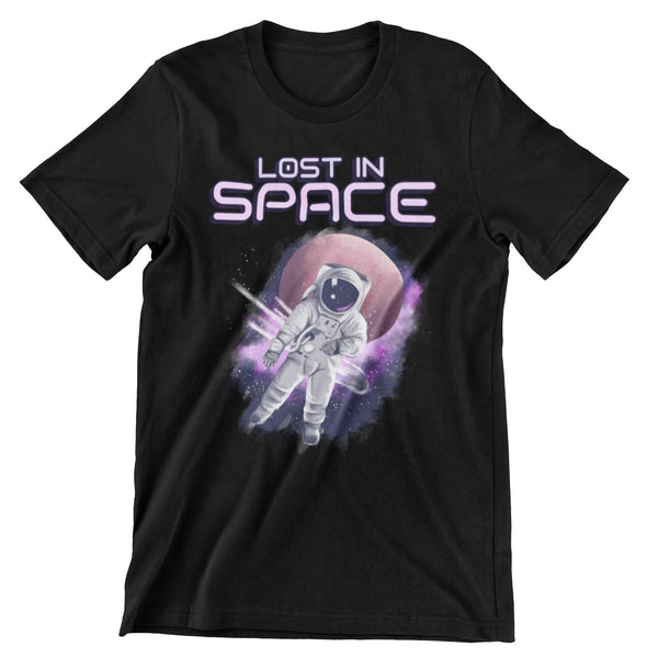 Black short sleeve t-shirt that says lost in space showing an astronaut floating in space.
