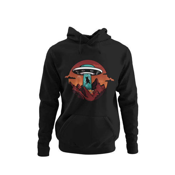 Black hoodie showing a cat being abducted by a ufo.