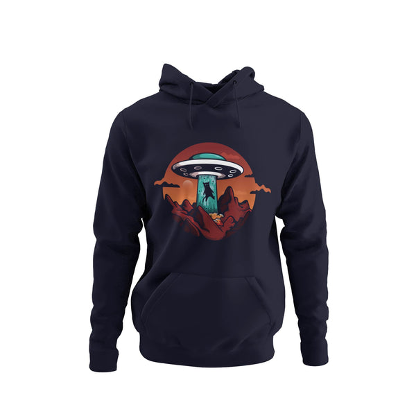 Navy hoodie showing a cat being abducted by a ufo.