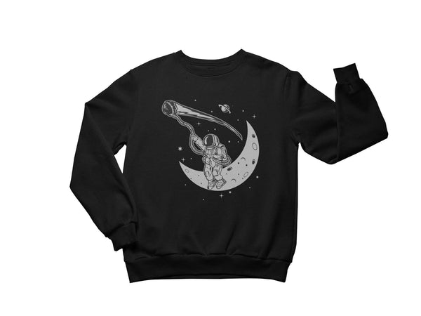Black crewneck sweatshirt with an astronaut lassoing a meteor while sitting on the crescent moon. 