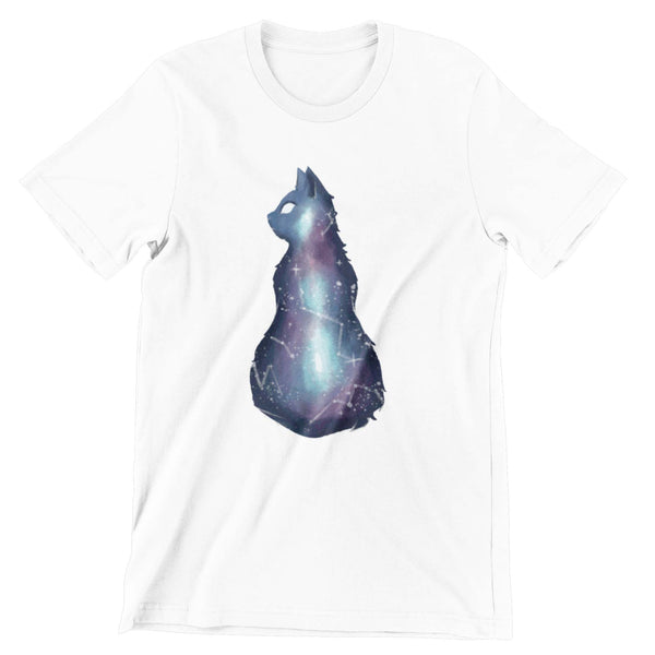 White short sleeve tshirt with a space galaxy in the shape of a cat. 