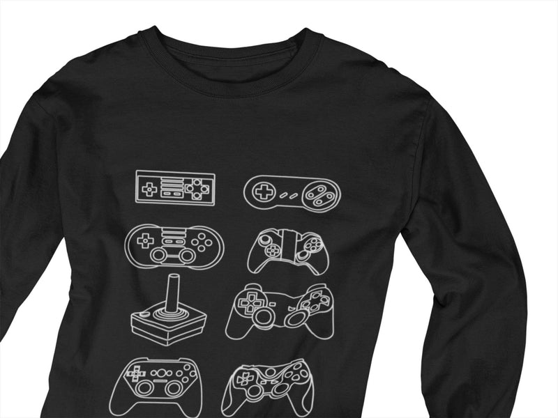 Close up of black long sleeve tshirt with different gaming console controllers printed in all white ink. 