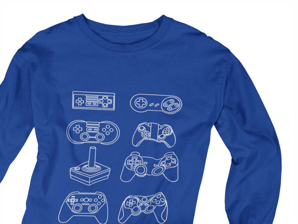 Close up of royal blue long sleeve tshirt with different gaming console controllers printed in all white ink. 