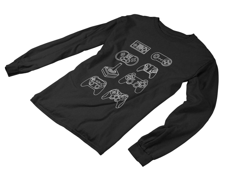 black long sleeve tshirt with different gaming console controllers printed in all white ink. 