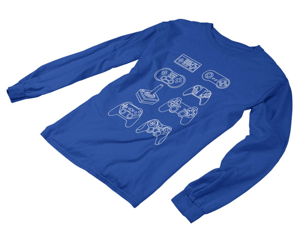 royal blue long sleeve tshirt with different gaming console controllers printed in all white ink. 