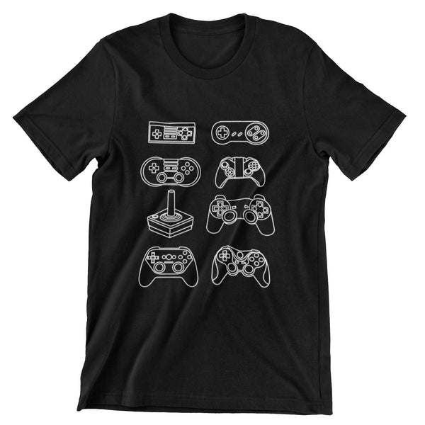 black t-shirt with an all white graphic print of 8 different game controllers
