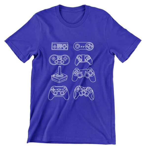 royal blue t-shirt with an all white graphic print of 8 different game controllers