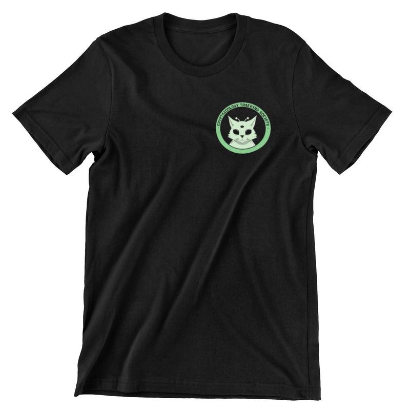 Black short sleeve shirt with cryptozoology alien cat logo printed on the left crest. 