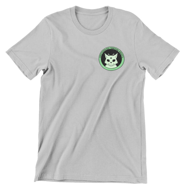 Light Gray short sleeve shirt with cryptozoology alien cat logo printed on the left crest. 
