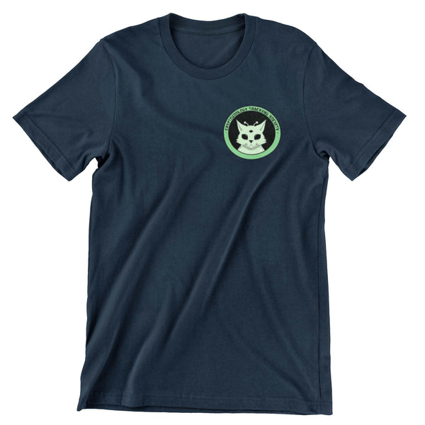 Navy blue short sleeve shirt with cryptozoology alien cat logo printed on the left crest. 
