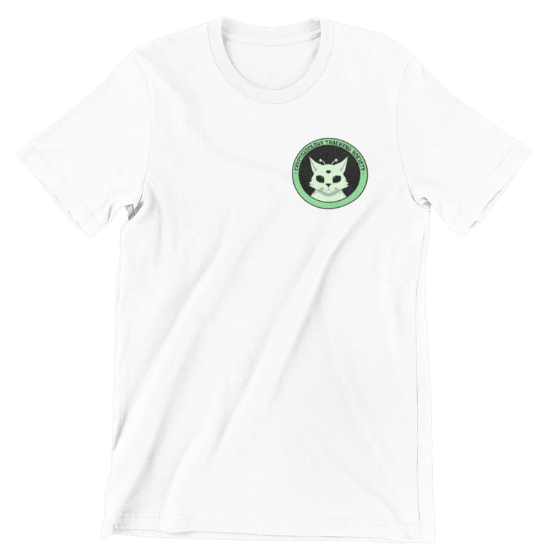 White short sleeve shirt with cryptozoology alien cat logo printed on the left crest. 