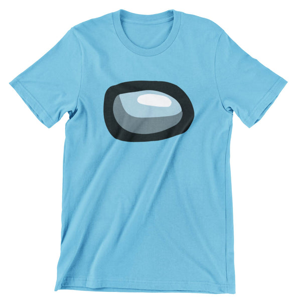 Cyan tshirt that has the face of the among us character.
