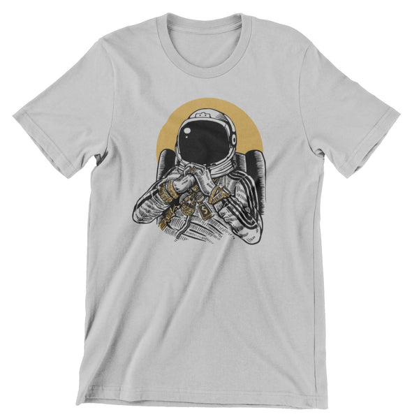 Light gray t-shirt with an astronaut sitting in a big chair wearing gold jewelry.