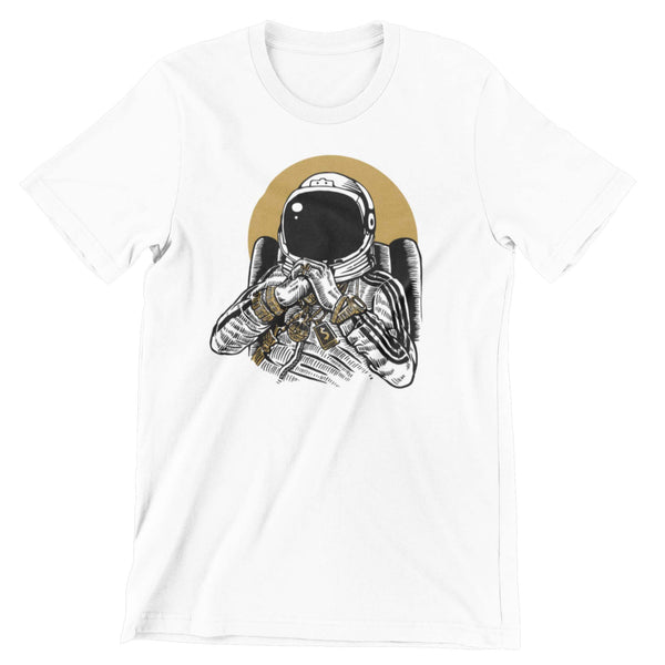 white t-shirt with a graphic print of an astronaut DJ in a track suit blinged out in gold. He is sitting in a chair with his hands folded.