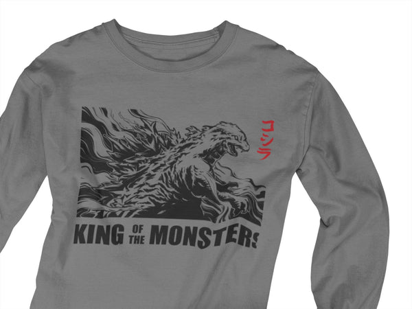 Dark gray long sleeve Godzilla tshirt.