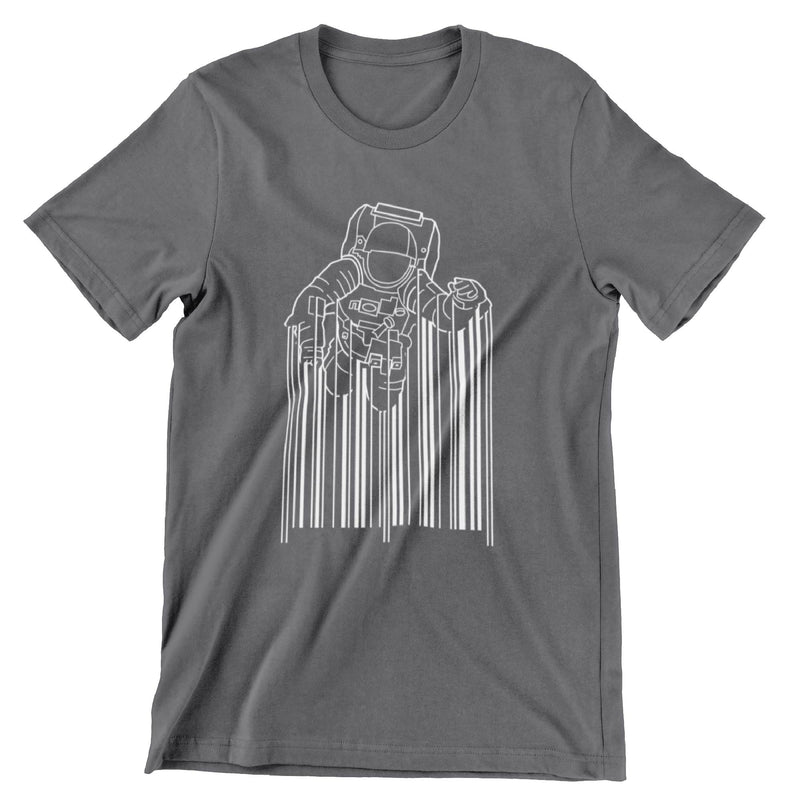 Gray short sleeve shirt with an astronaut floating on top of a barcode printed in white ink. 