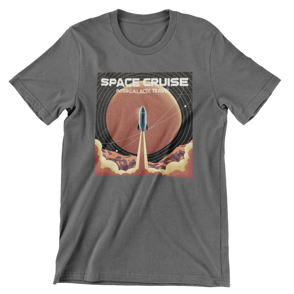 Dark gray short sleeve tshirt that shows a rocket blasting off the ground and says space cruise intergalactic travel.