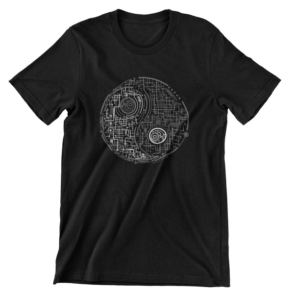 Black t-shirt with a graphic print of a circuit board in a yin-yang sign.