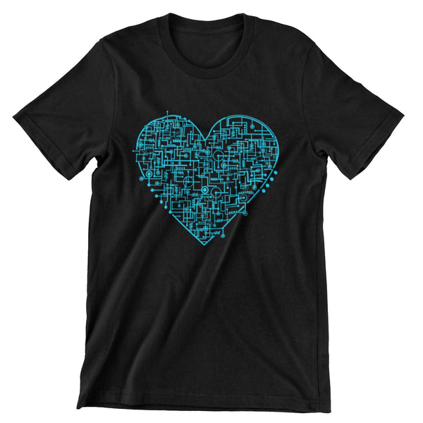 black t-shirt with an electric blue-teal heart made up of many connected circuits.