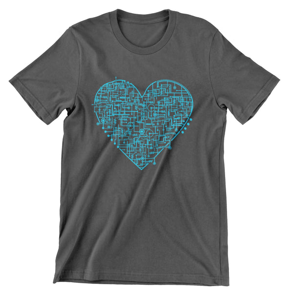 Dark gray t-shirt with an electric blue-teal heart made up of many connected circuits.