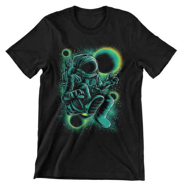 black short sleeve shirt with astronaut floating in space printed in shades of teal and green.