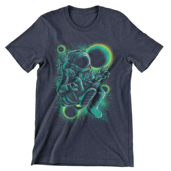 midnight blue short sleeve shirt with astronaut floating in space printed in shades of teal and green.