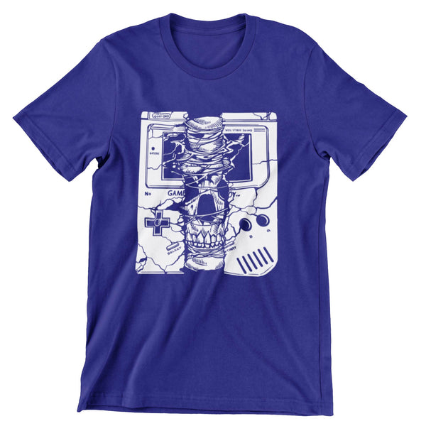 Deep Blue short sleeve t-shirt with an all white skull  breaking through a hand held gaming console.