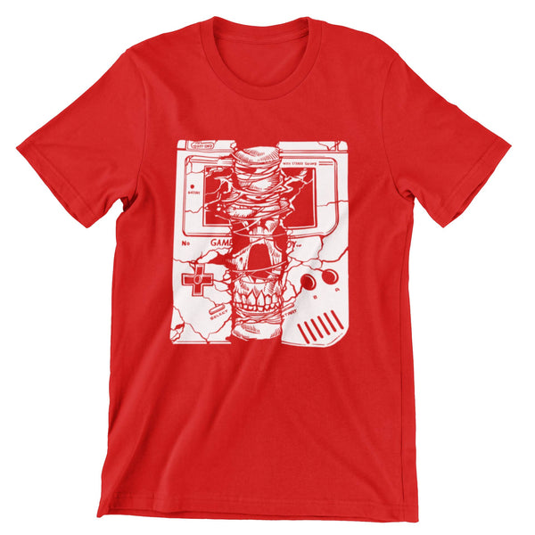 Red short sleeve t-shirt with an all white skull  breaking through a hand held gaming console.