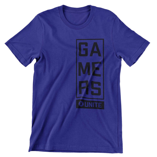 Deep Blue short sleeve t-shirt with an all black print of the text "gamers unite" on the right side of shirt.