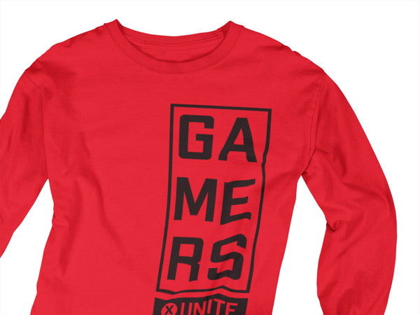 Gamers Unite printed on red long sleeve shirt.