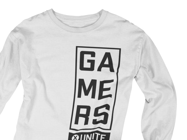 Gamers Unite printed on white long sleeve shirt.