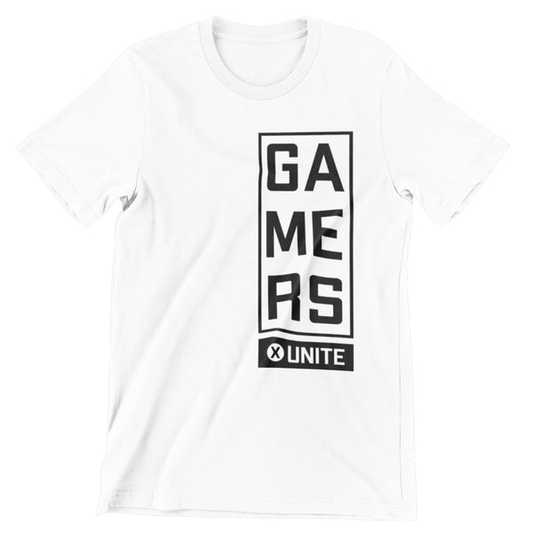 White short sleeve t-shirt with an all black print of the text "gamers unite" on the right side of shirt.