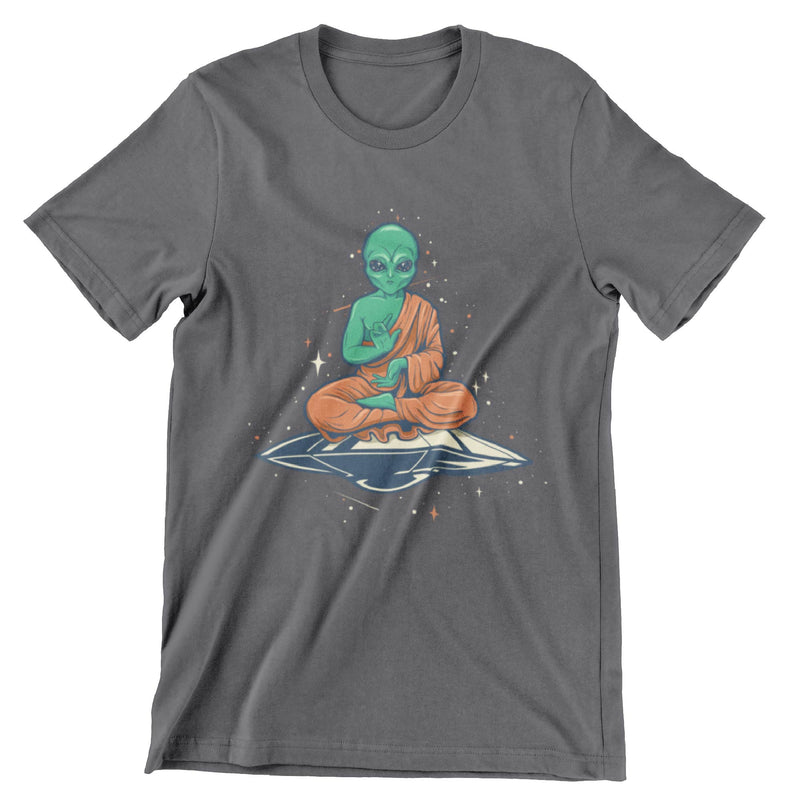 Green alien dressed in orange monks robe sitting in a yoga pose on a flying saucer printed on a gray short sleeve shirt.