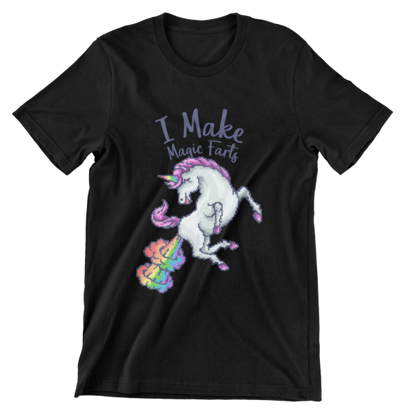Black short sleeve t-shirt with a print of a digitized unicorn and the words "I make magic farts".