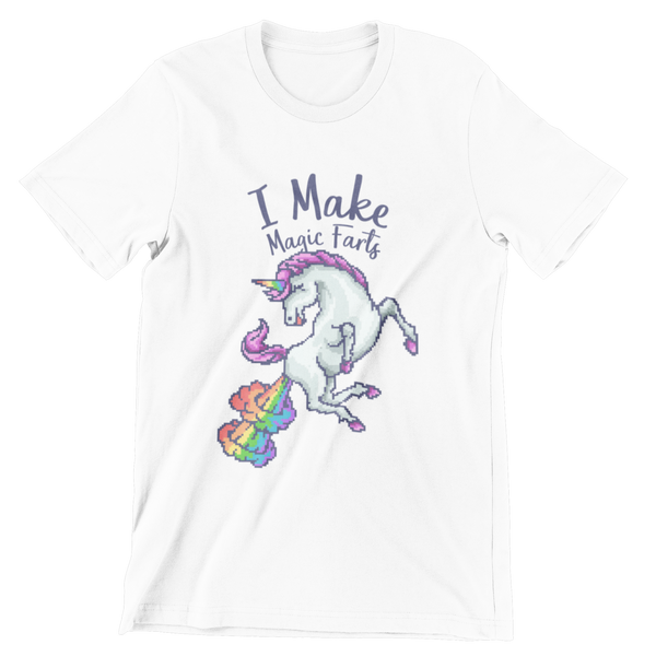 White short sleeve t-shirt with a print of a digitized unicorn and the words "I make magic farts".