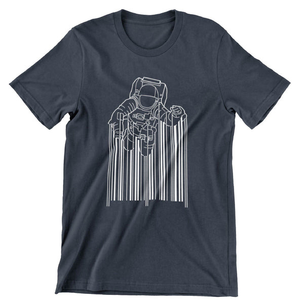 Navy blue short sleeve shirt with an astronaut floating on top of a barcode printed in white ink. 