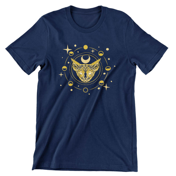Midnight short sleeve tshirt that shows a cat with the moon phases around it.