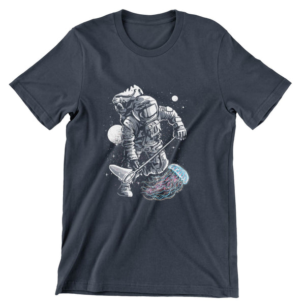 Midnight short sleeve t-shirt with an astronaut fishing for a jelly fish is space with a net.