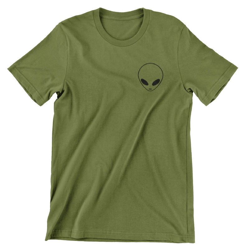 Olive green short sleeve shirt with an alien head outline printed on the left crest in black.